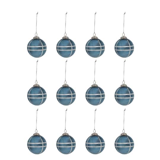 Hello Honey® 12 Pack 4" Blue & Silver Grid Mercury Glass Ball Ornaments